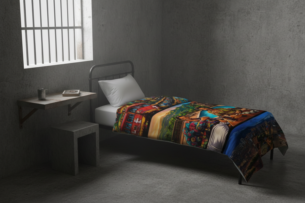 Housse de couette colorée aux motifs urbains sur un lit de cellule