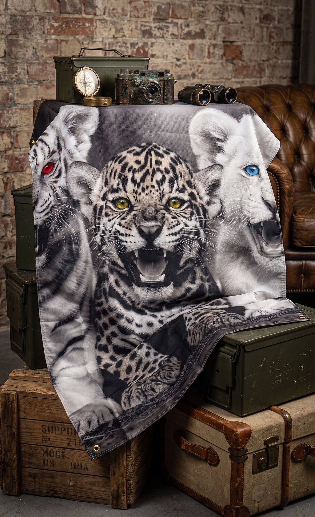 Drapeaux Décoratifs Félins Bébé - Lion Blanc, Tigre Blanc & Jaguar Mapuche Arts